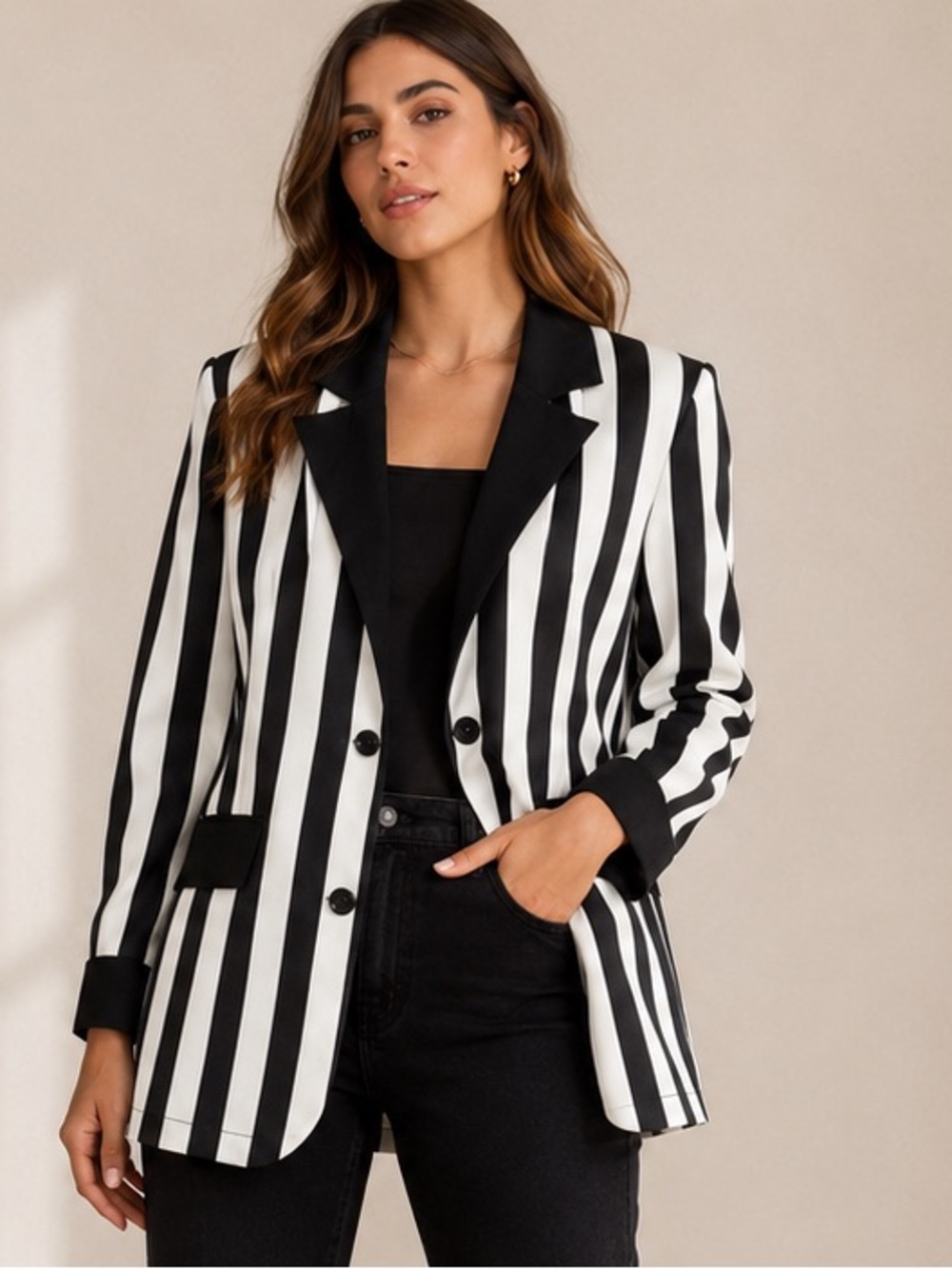 Black & White Striped Tailored Blazer Jacket Chic Statement Piece
